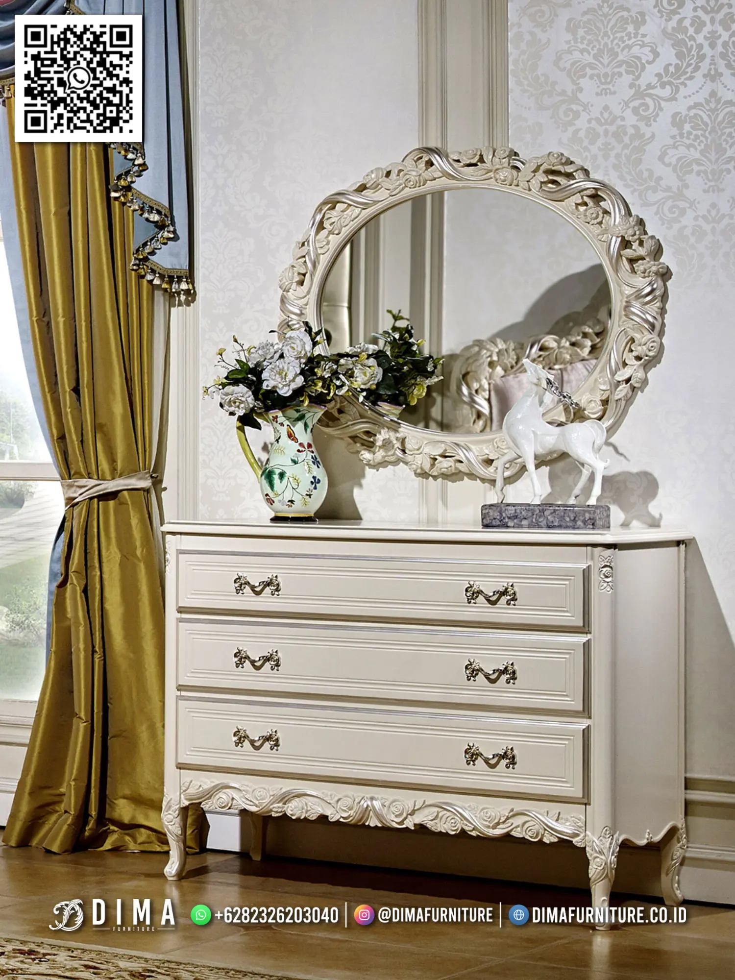 Meja Konsol Ukir Mewah Dima Classic Ivory Gold 89TTJ