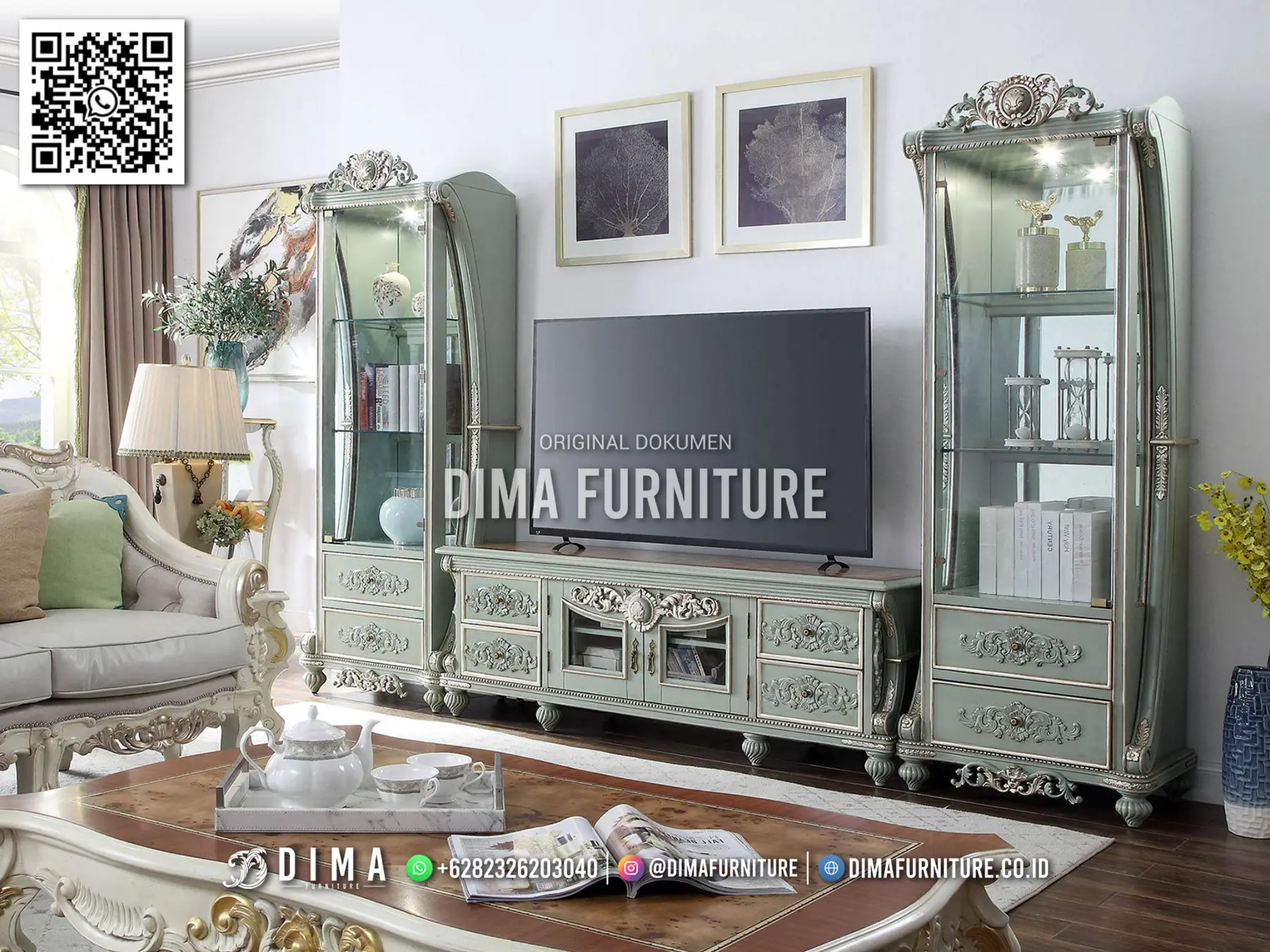 Set Buffet TV Mewah Dima Mint Gold Ukiran Klasik 69TTJ