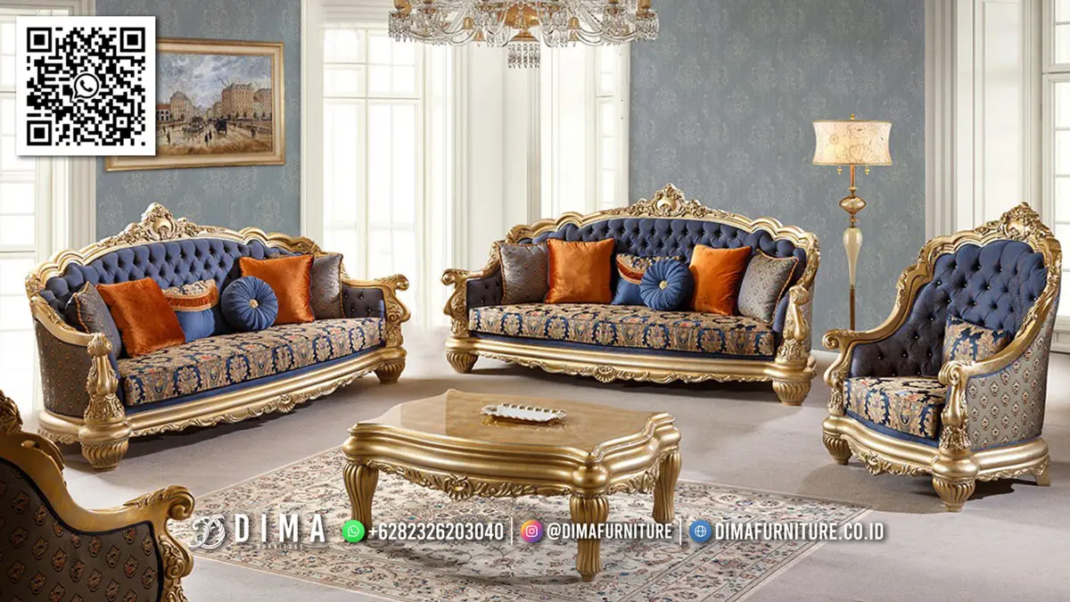 Set Sofa Tamu Klasik Mewah Blue Gold Elegan Premium 77TTJ