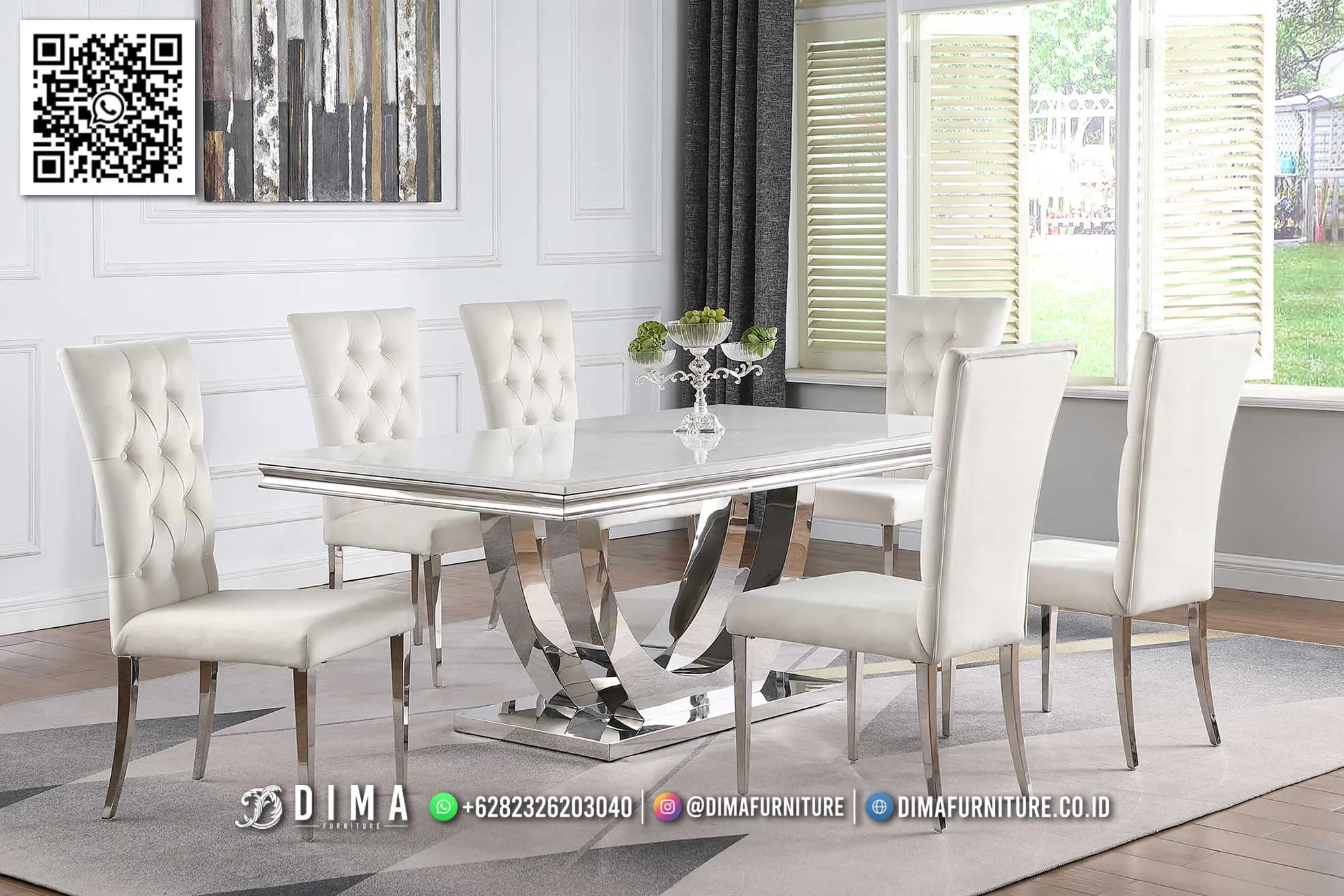 Meja Makan Eksklusif Marble Putih Stainless Silver 116TTJ