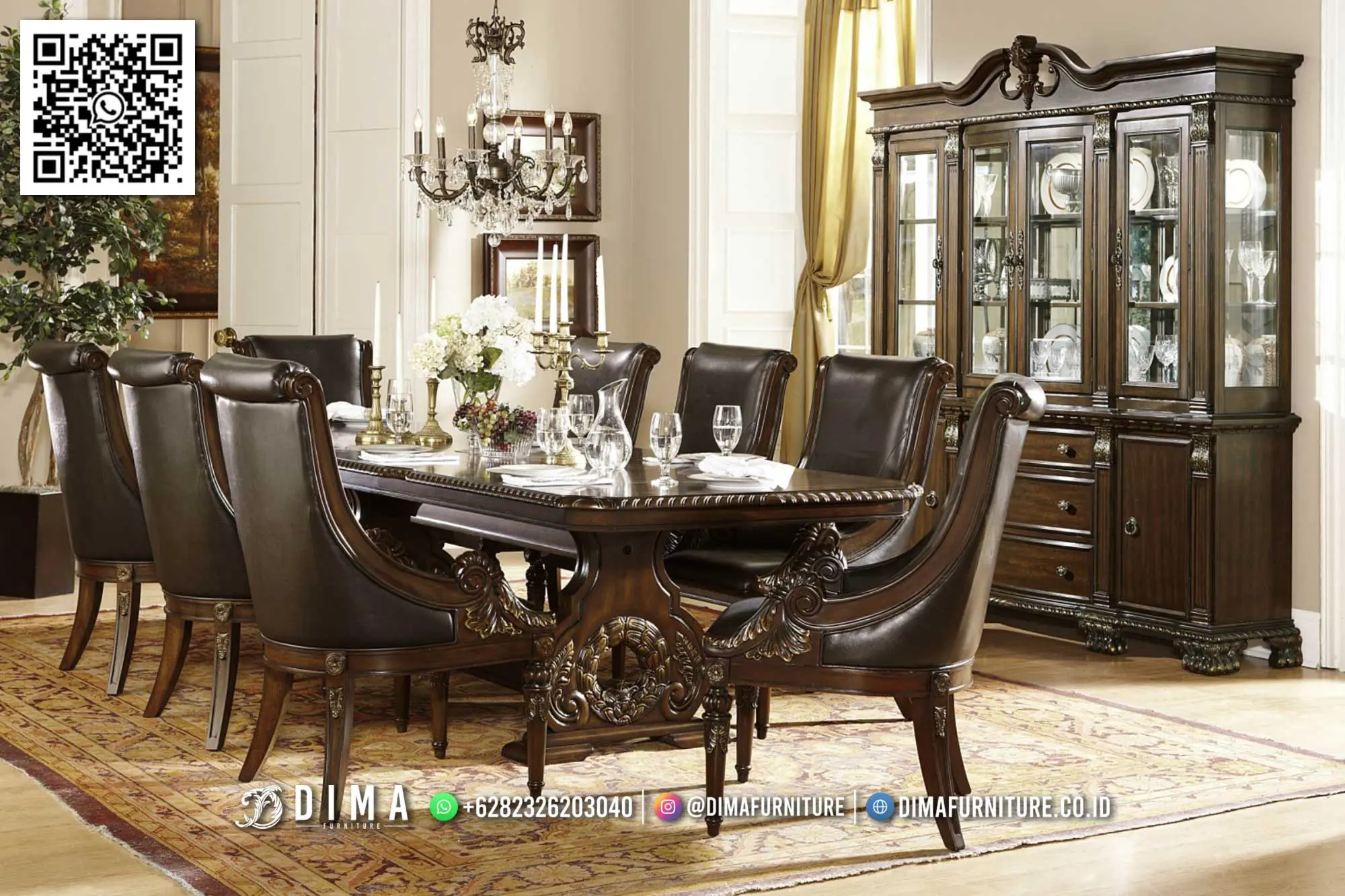 Meja Makan Jati Klasik Elegan Gaya Eropa 126TTJ
