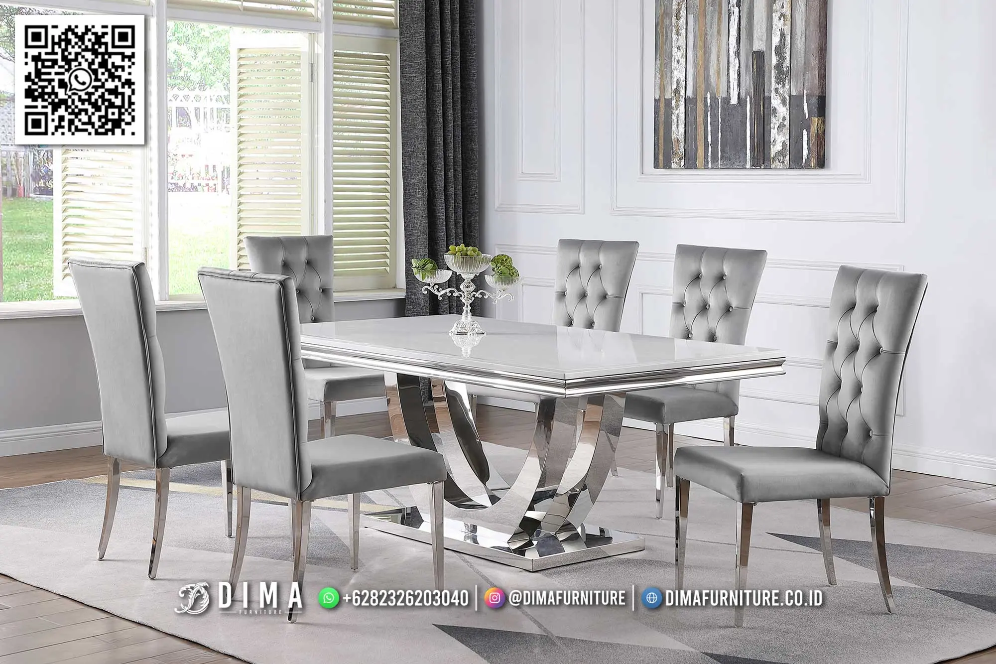 Meja Makan Marble Putih Stainless Eksklusif Elegan 117TTJ