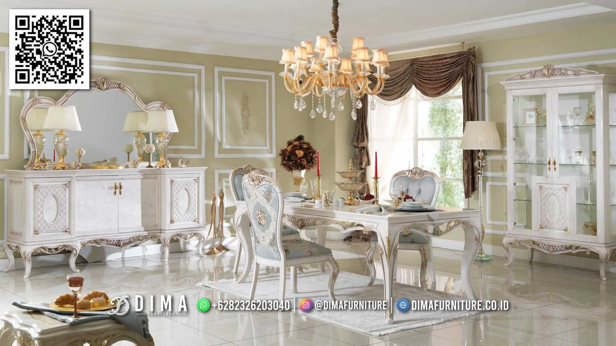 Meja Makan Mewah Jepara Kayu Solid Ivory Gold 123TTJ