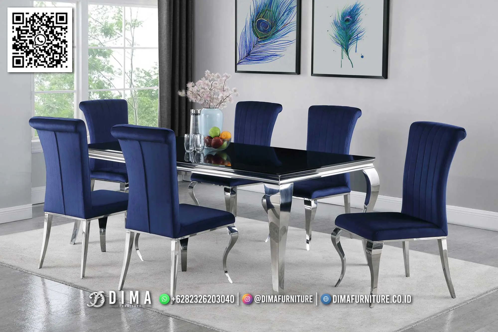 Set Meja Makan Elegan Black Glass Stainless Eksklusif 118TTJ