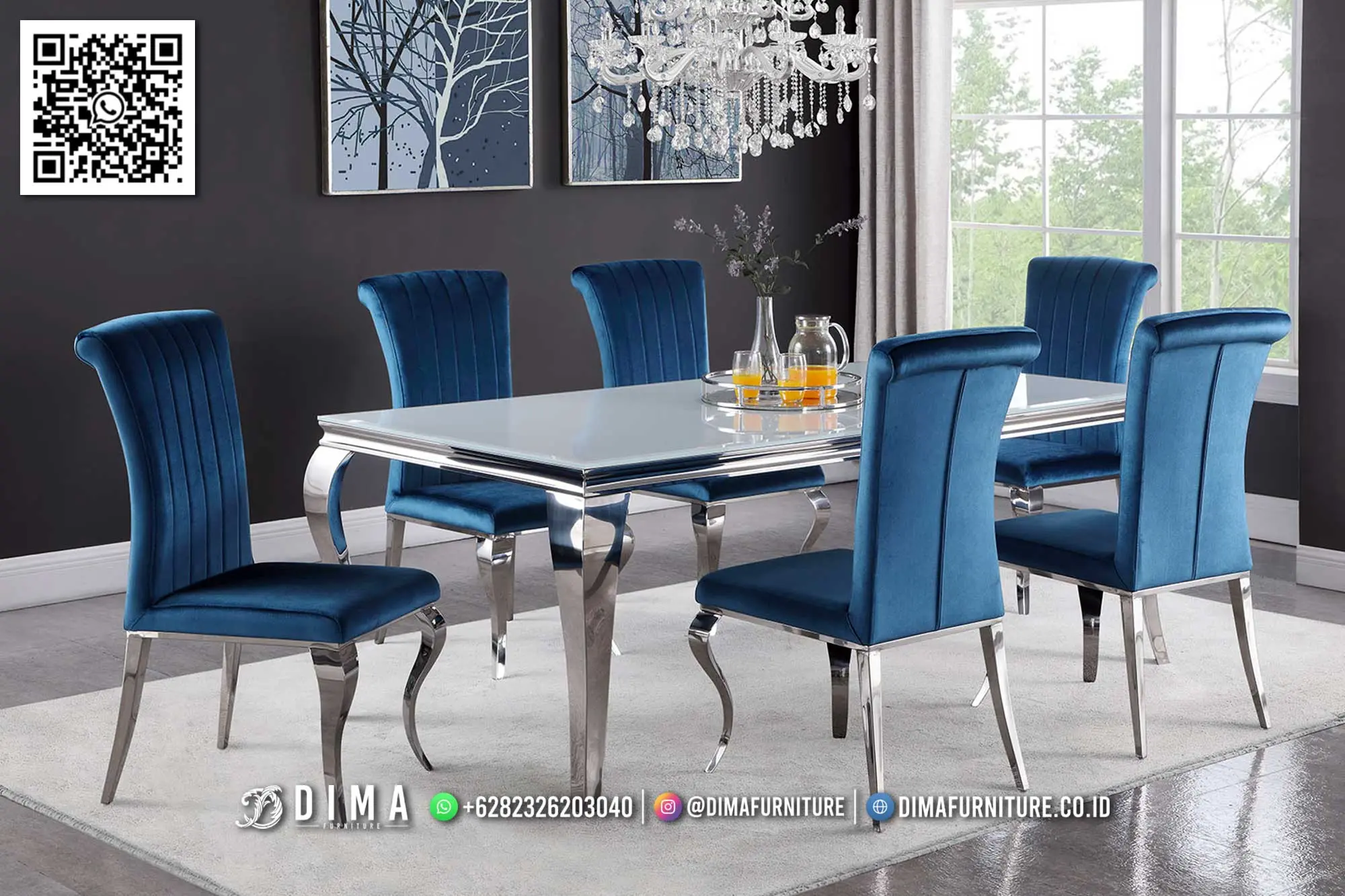 Set Meja Makan Mewah Glass Putih Stainless Modern 119TTJ