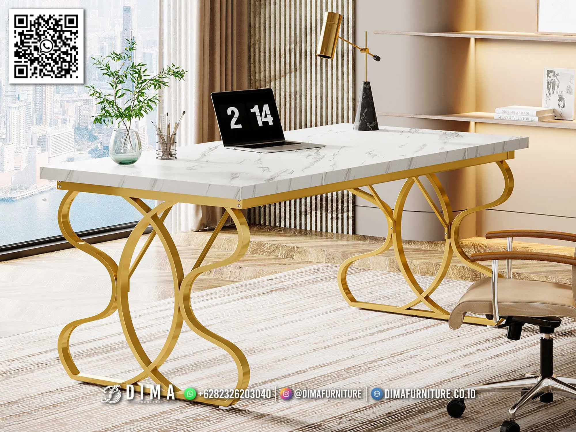 Meja Kantor Premium Marmer Putih Gold Estelle 304TTJ