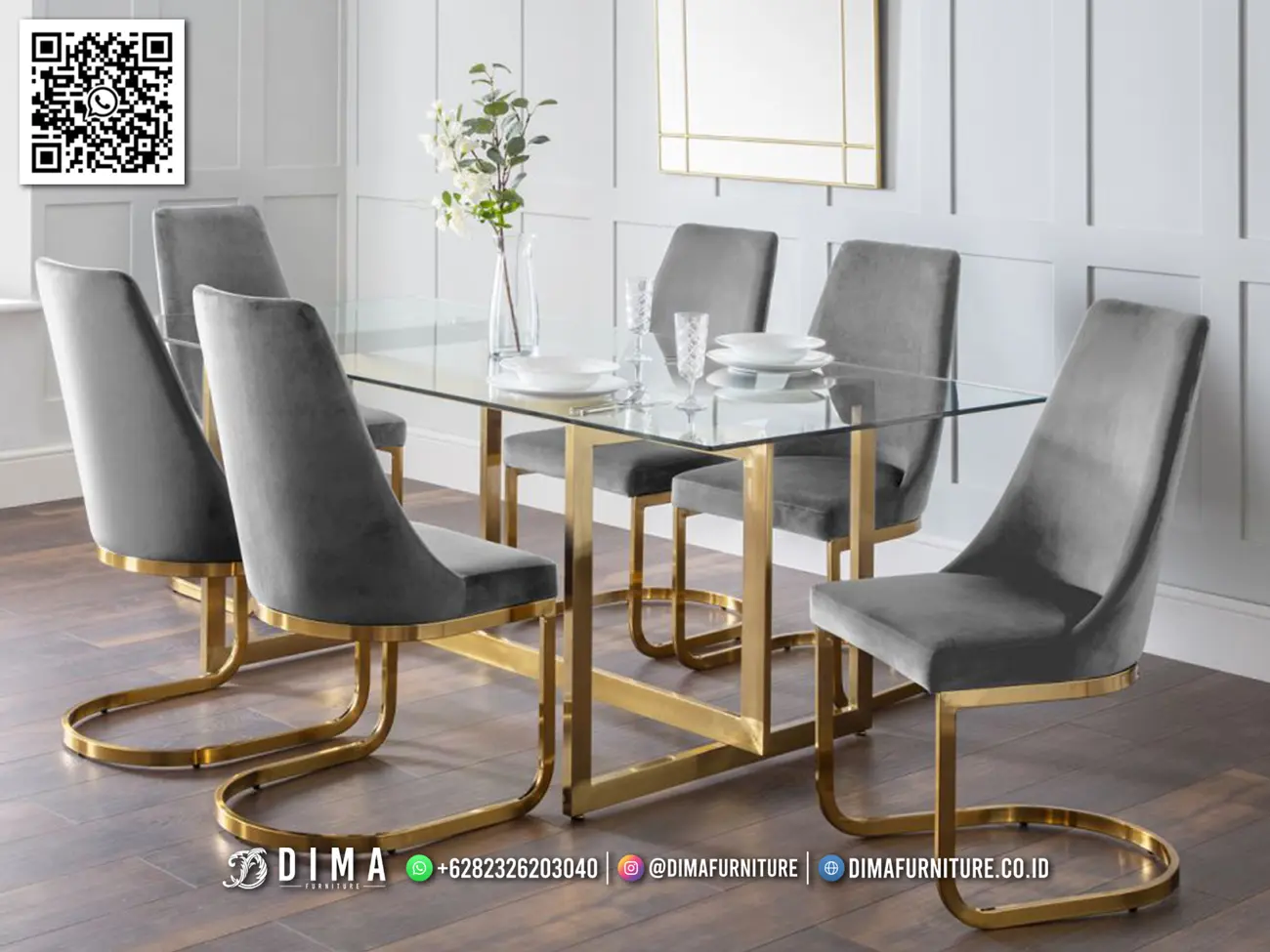 Meja Makan Minimalis Modern Gold Glass Veronica 326TTJ